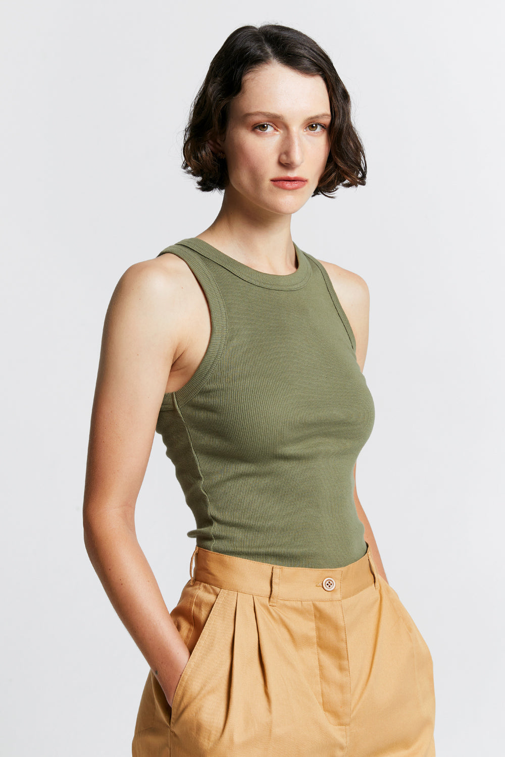 Cotton Ribbed Singlet Khaki