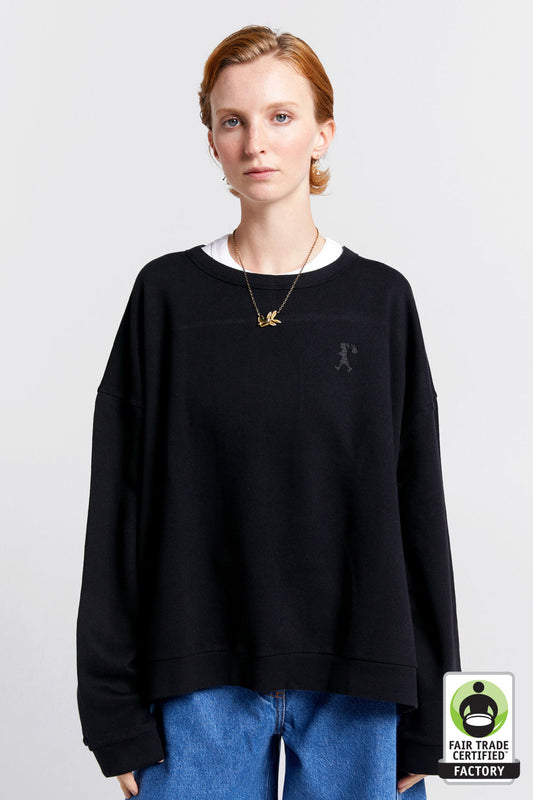 Embroidered Runaway Girl Organic Cotton Crewneck Sweatshirt Black