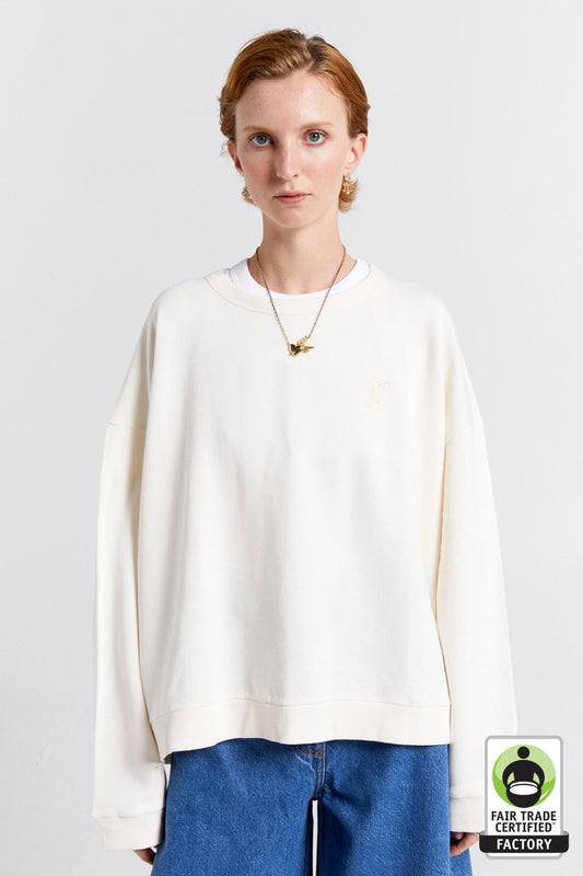 Embroidered Runaway Girl Organic Cotton Crewneck Sweatshirt Ecru