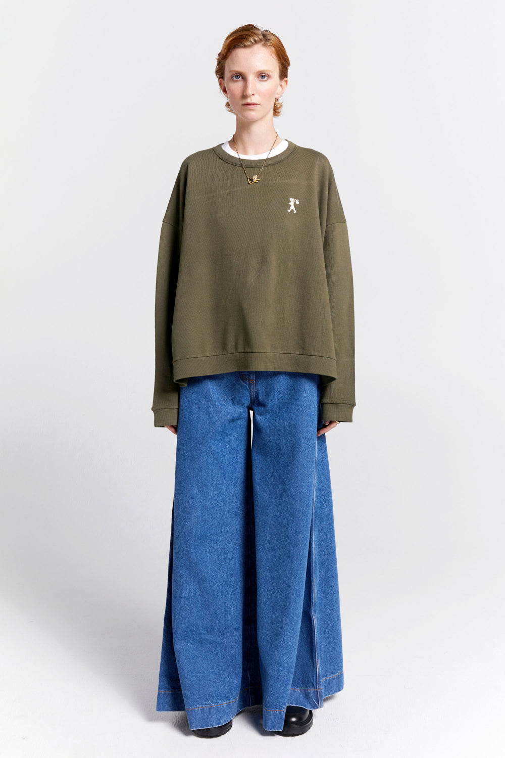 Embroidered Runaway Girl Organic Cotton Crewneck Sweatshirt Hunter Green