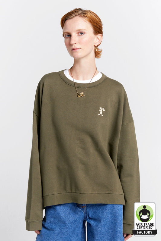 Embroidered Runaway Girl Organic Cotton Crewneck Sweatshirt Hunter Green