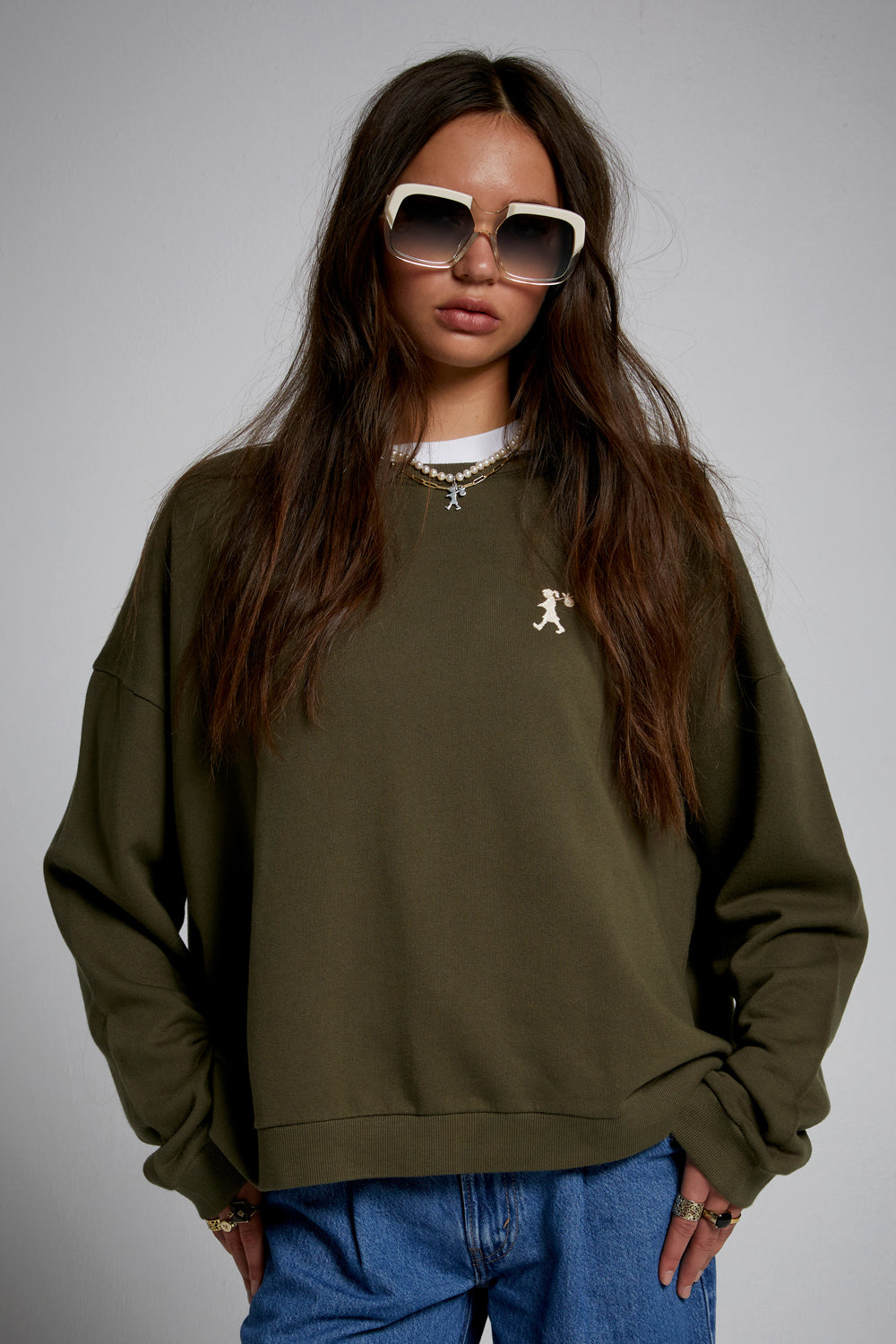 Embroidered Runaway Girl Organic Cotton Crewneck Sweatshirt Hunter Green