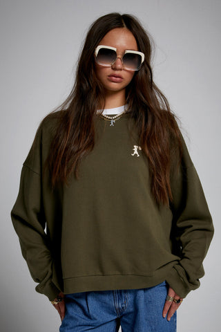 Embroidered Runaway Girl Organic Cotton Crewneck Sweatshirt Hunter Green