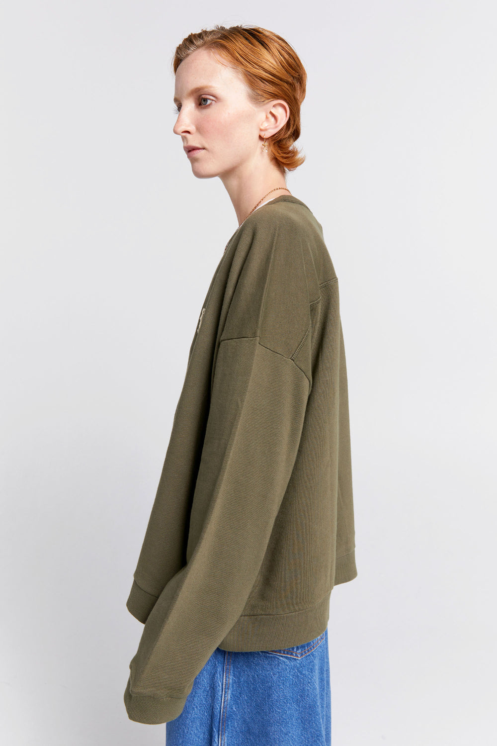 Embroidered Runaway Girl Organic Cotton Crewneck Sweatshirt Hunter Green