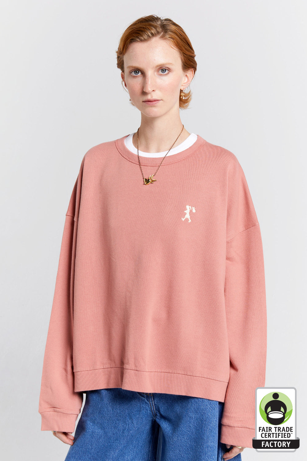 Embroidered Runaway Girl Organic Cotton Crewneck Sweatshirt Rose