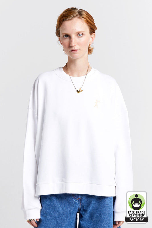 Embroidered Runaway Girl Organic Cotton Crewneck Sweatshirt White