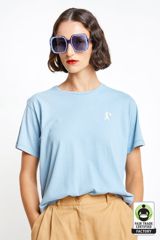 Embroidered Runaway Girl Organic Cotton T-Shirt Sky Blue