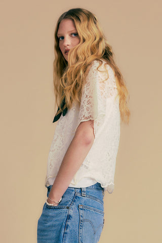 Blue Tab Cropped Short Sleeve Shirt Ecru Lace