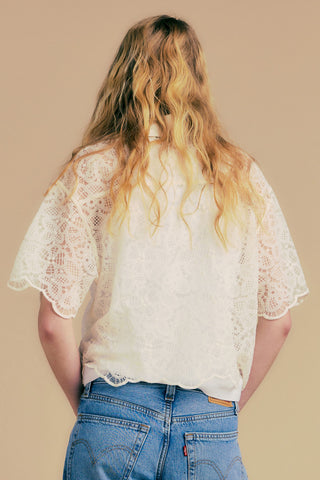 Blue Tab Cropped Short Sleeve Shirt Ecru Lace