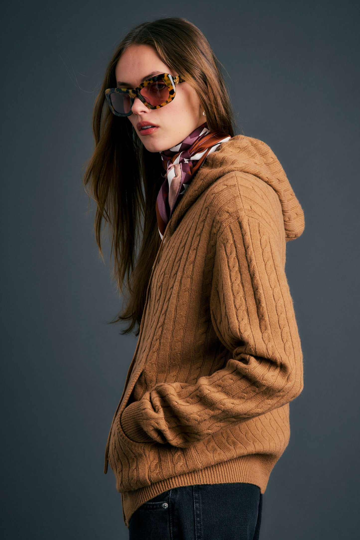 Campus Cable Knit Hoodie Tan