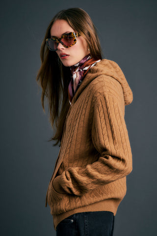 Campus Cable Knit Hoodie Tan