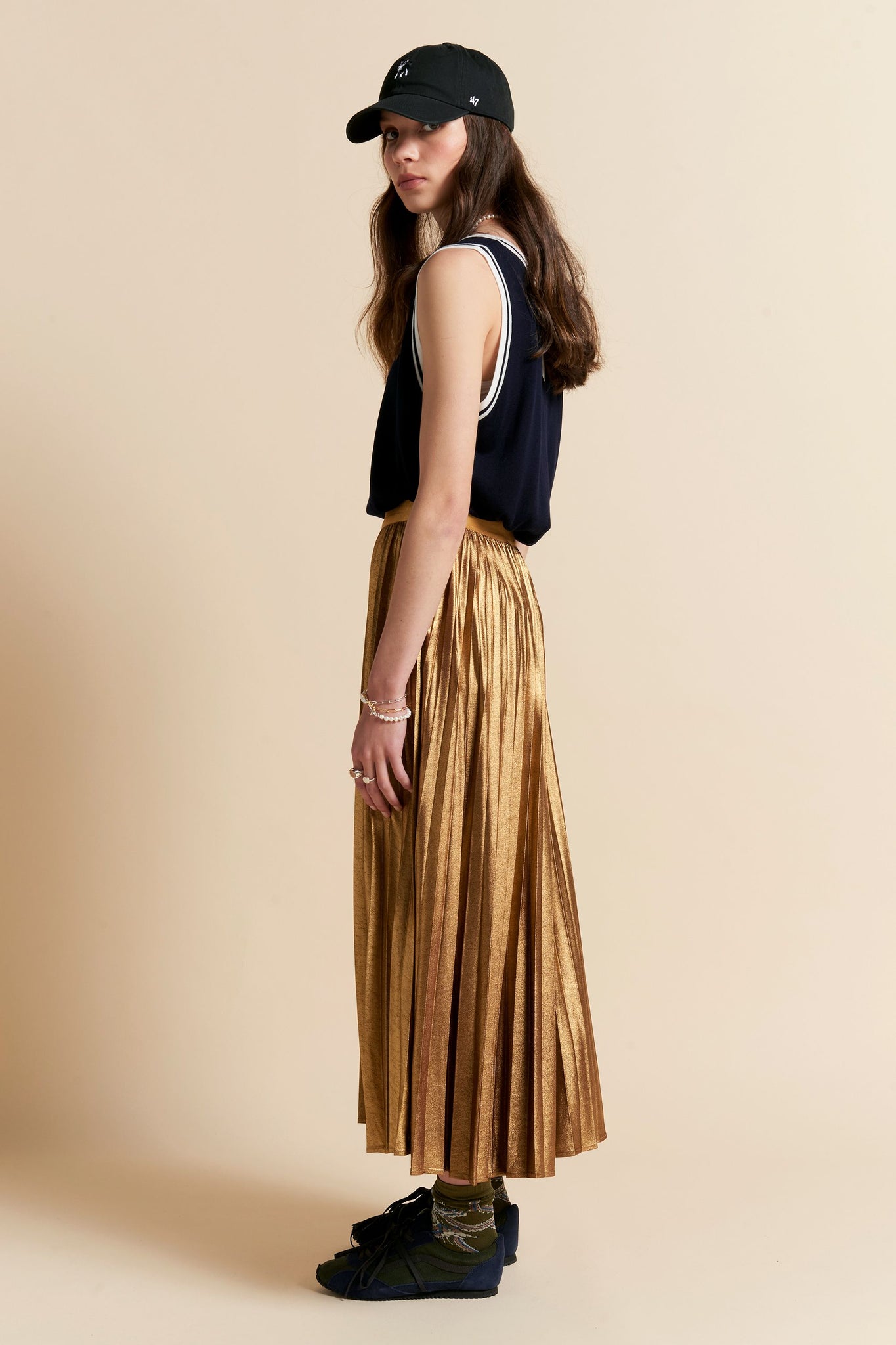 Metallic Sunray Pleated Skirt Golden