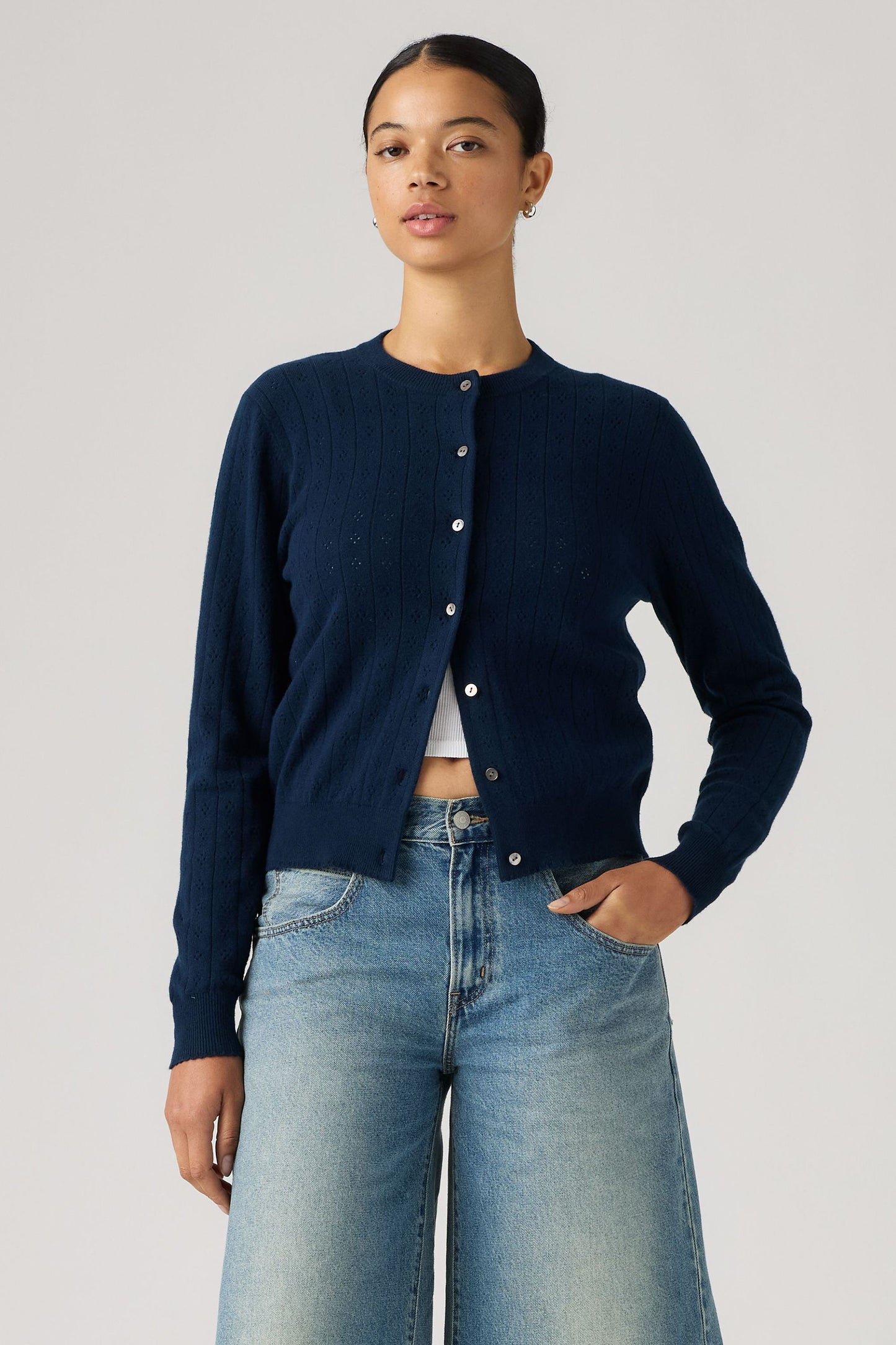 Super Soft Crewneck Cardi Pointelle Navy Pointelle Navy