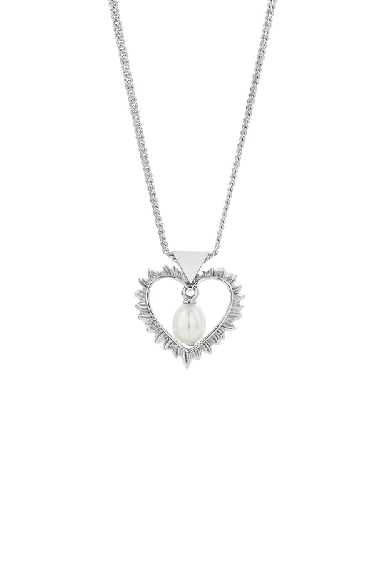 Flaming Heart Necklace with Fresh Water Pearl Silver