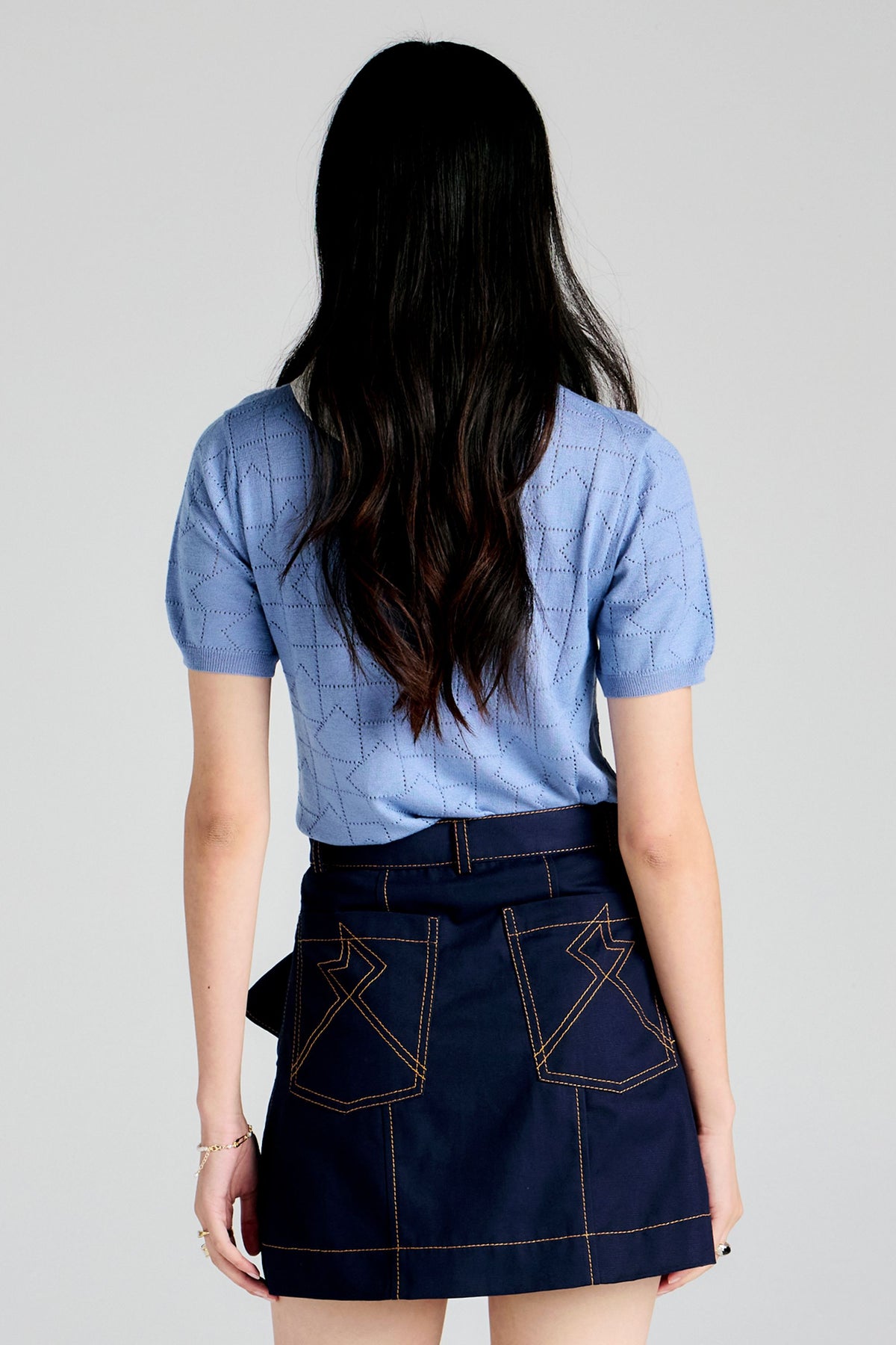Monogram Pointelle Knit Tee Light Blue