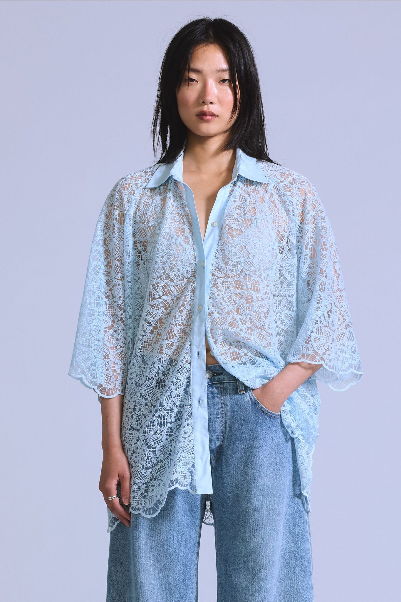 Blue Tab Lace Woven Shirt Ice Water Lace