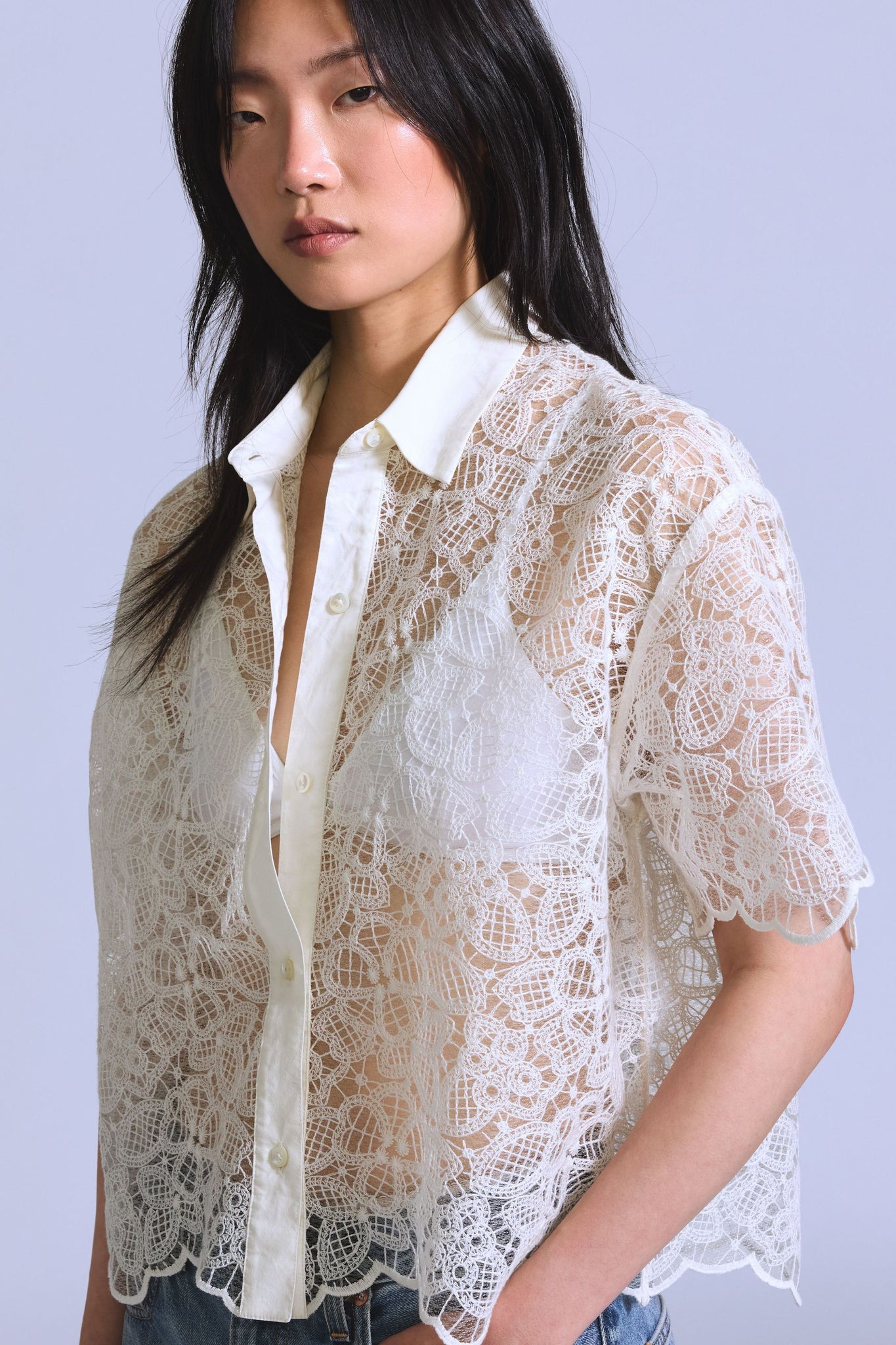 Blue Tab Cropped Short Sleeve Shirt Ecru Lace