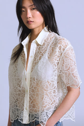 Blue Tab Cropped Short Sleeve Shirt Ecru Lace