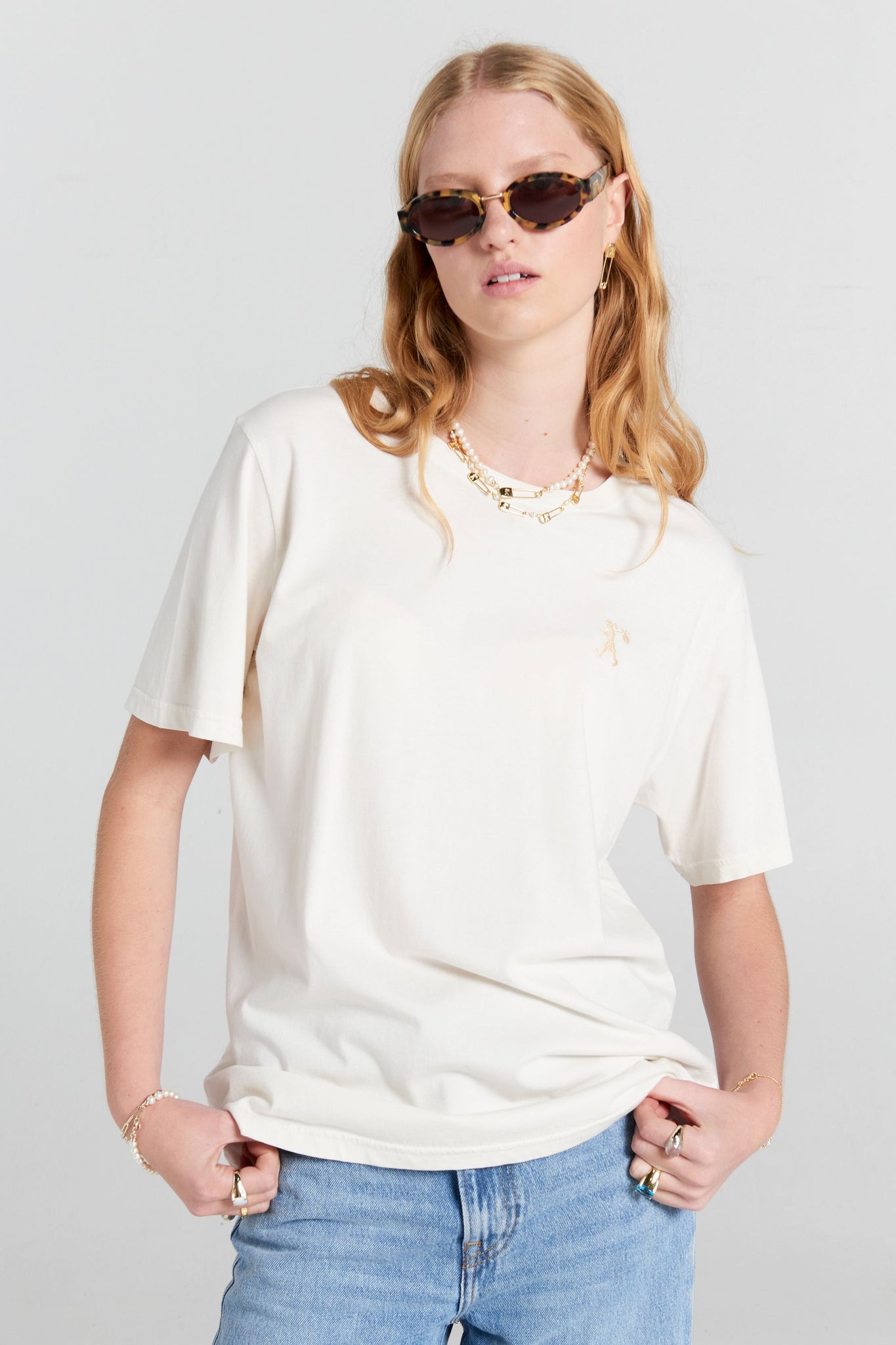 Embroidered Runaway Girl Classic Organic Cotton T-Shirt Ecru