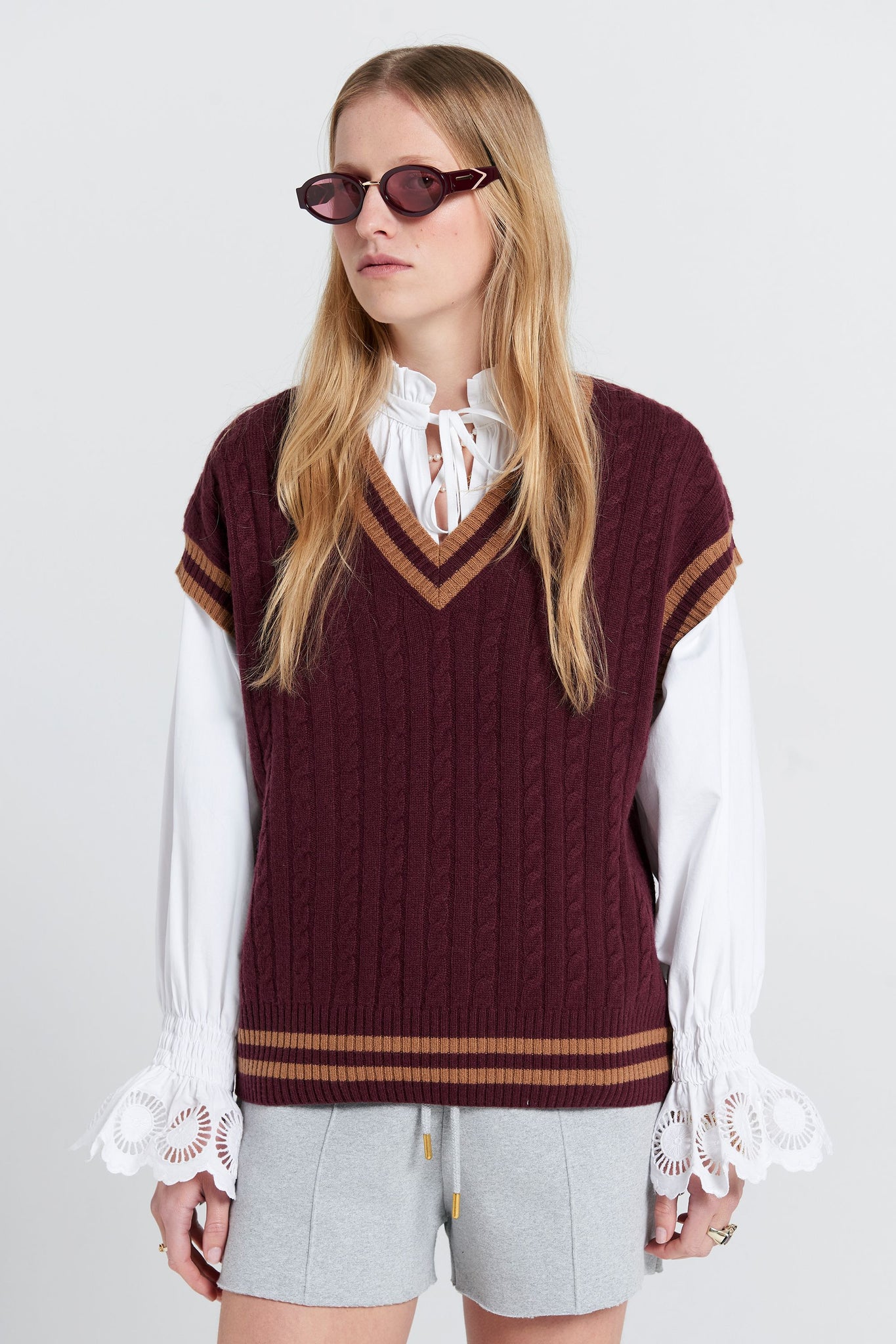 Varsity Knit Vest Burgundy/Tan