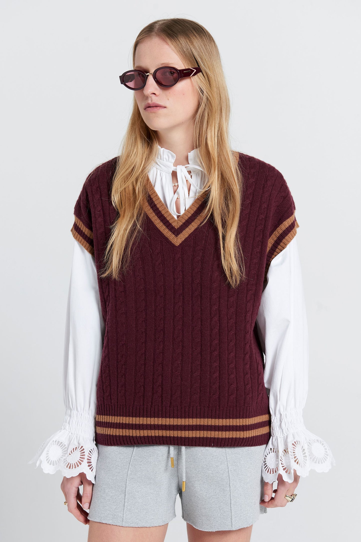 Varsity Knit Vest Burgundy/Tan