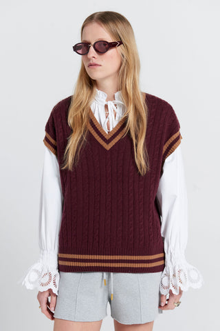 Varsity Knit Vest Burgundy/Tan