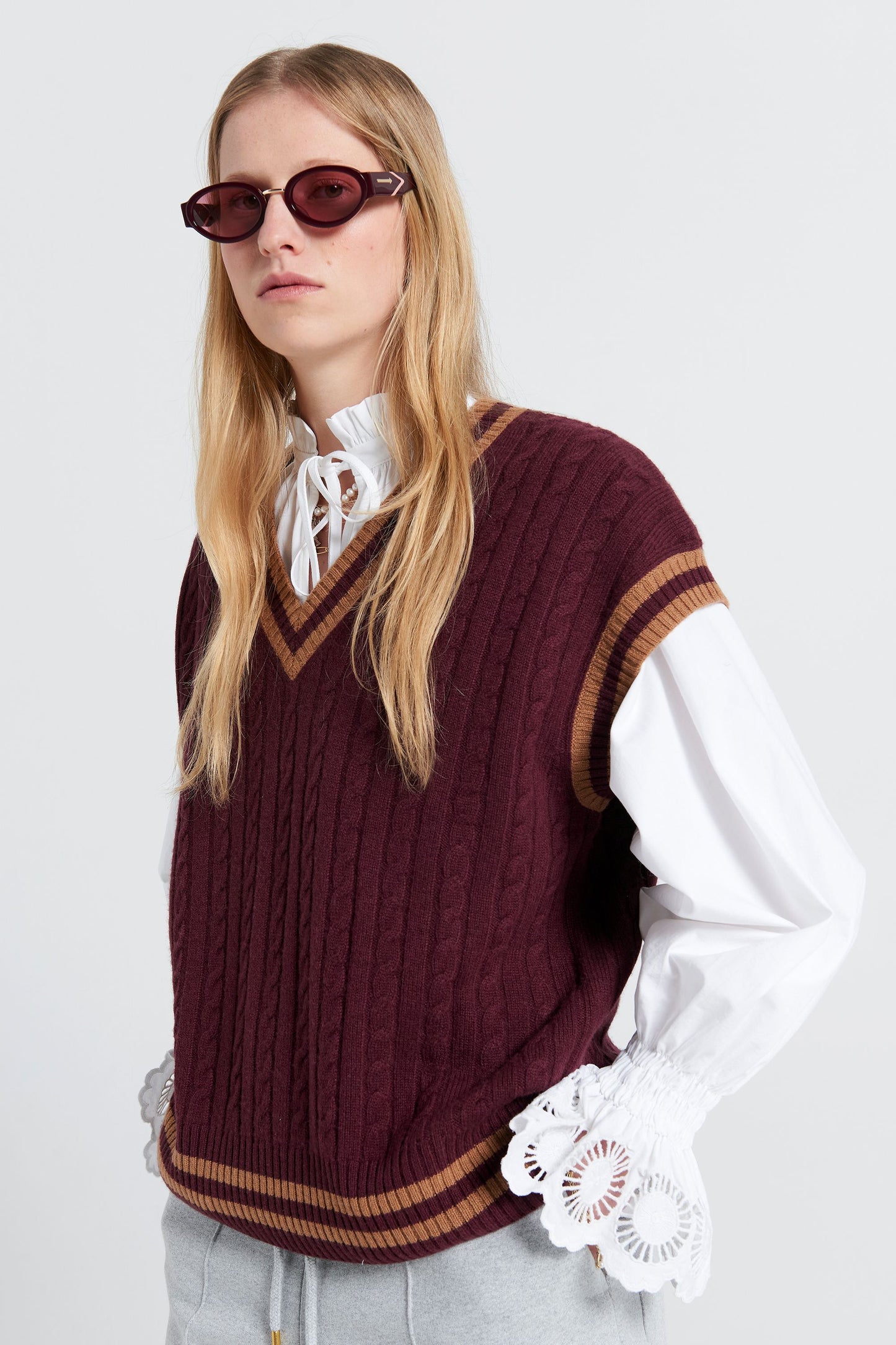 Varsity Knit Vest Burgundy/Tan