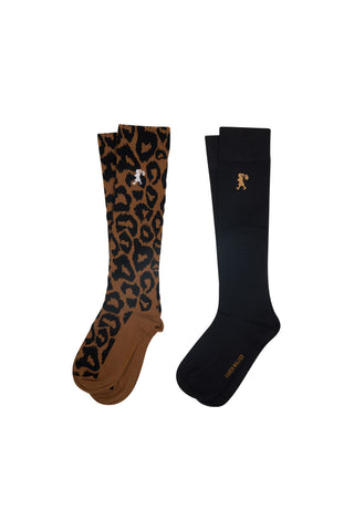 Leopard Kneehigh Socks 2 Pack Tan/Black