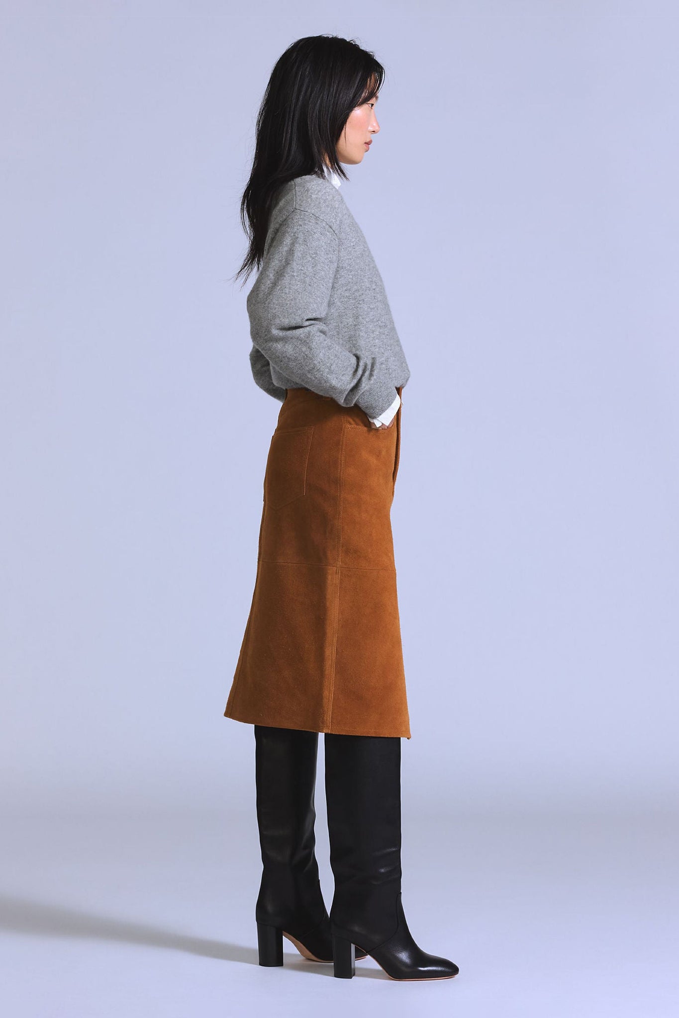Blue Tab Suede Pencil Skirt Toffee