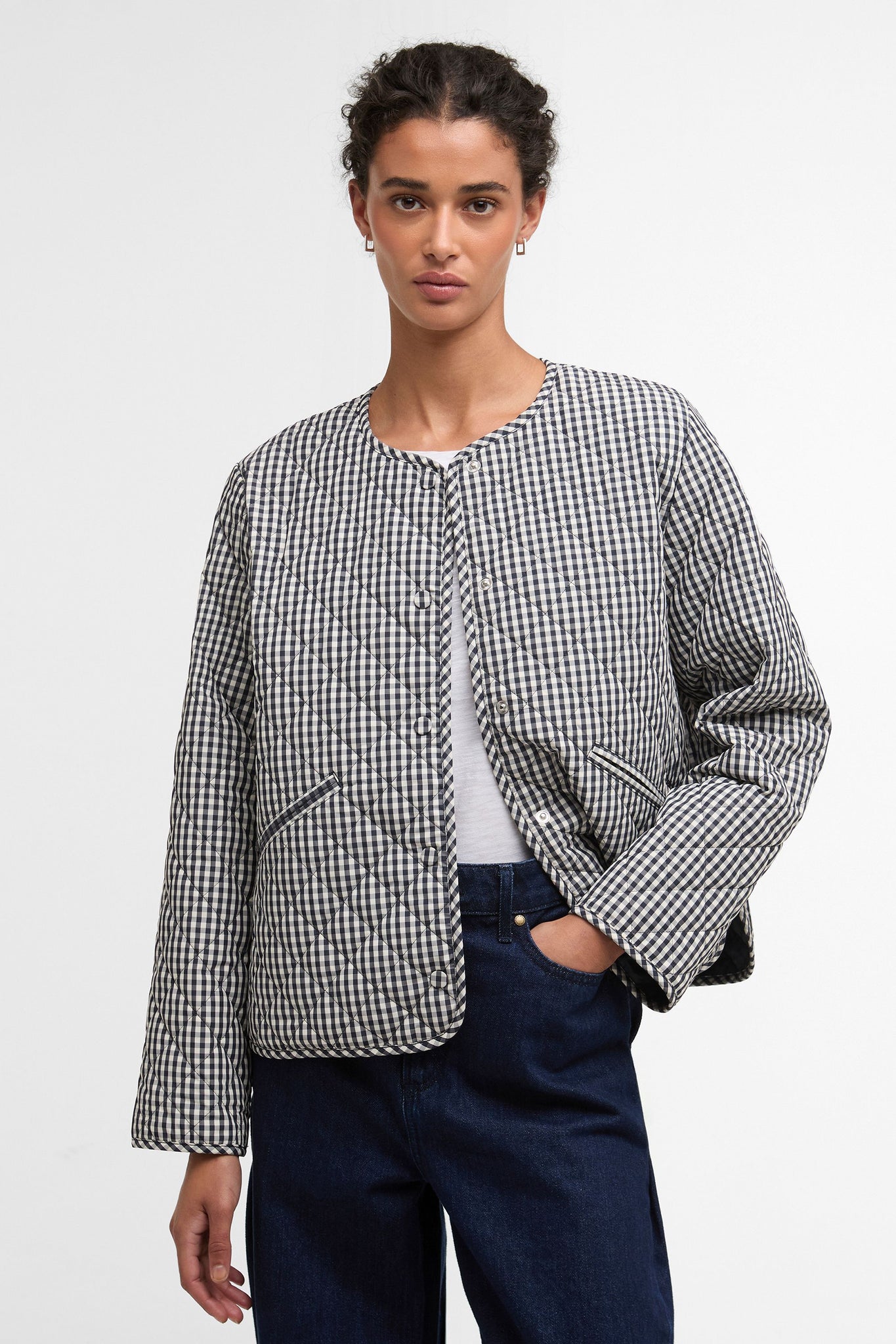 Cashel Check Collarless Quilted Jacket Navy Gingham/Dark Navy