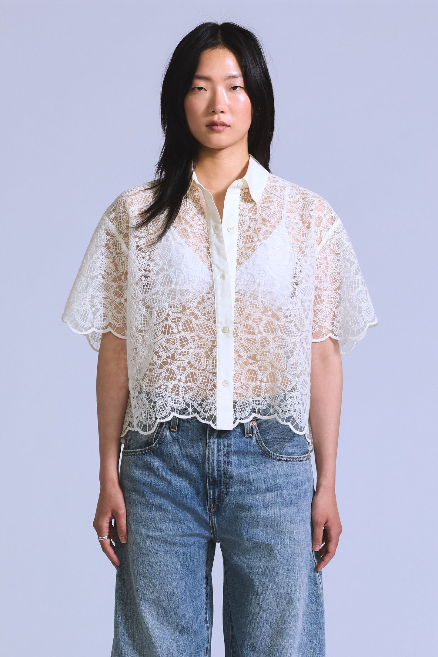 Blue Tab Cropped Short Sleeve Shirt Ecru Lace