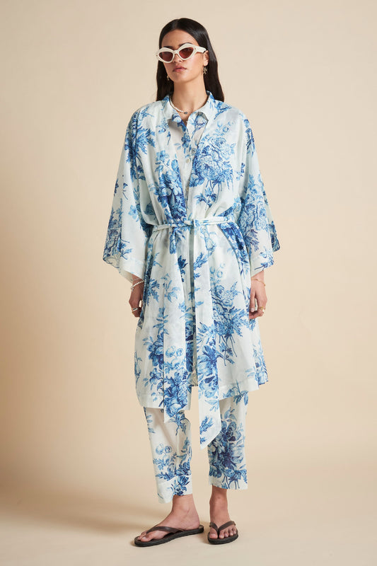 Romantic Floral Midi Wide Sleeve Robe Teal