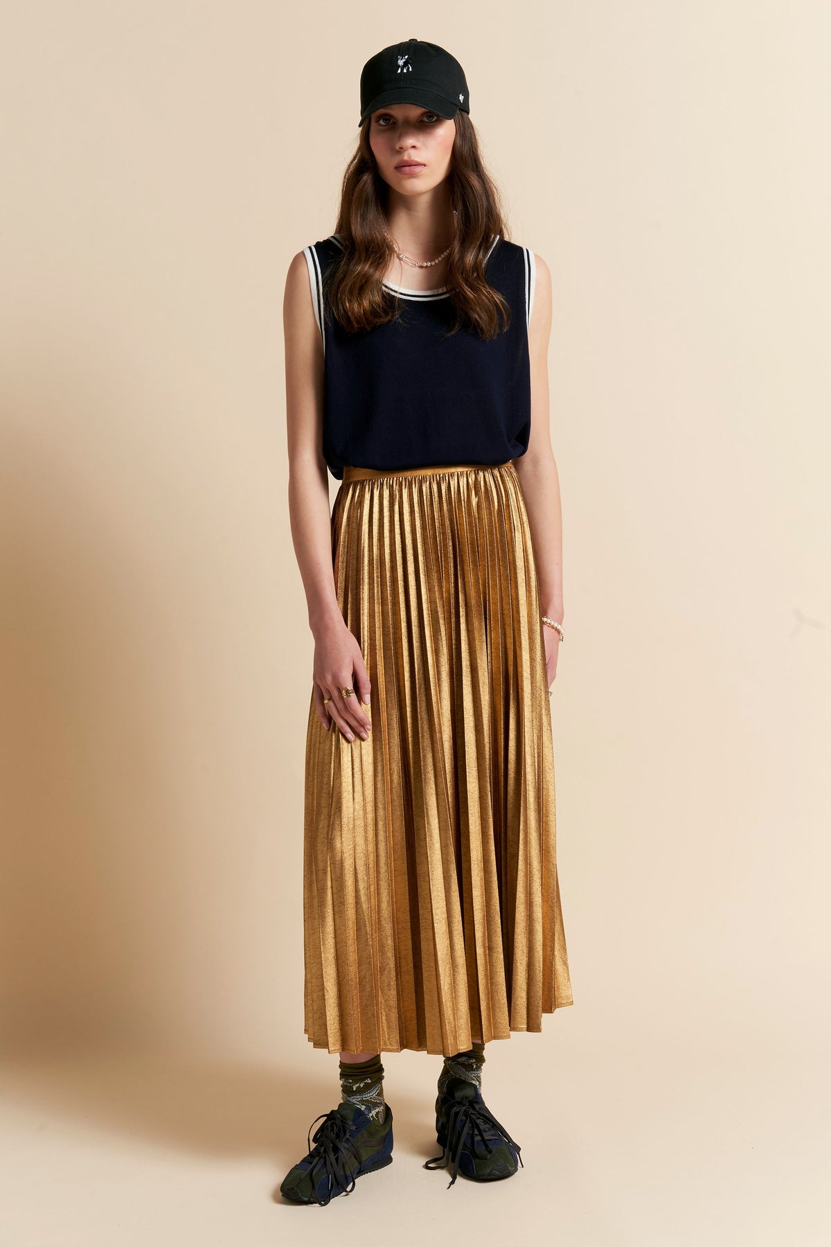 Metallic Sunray Pleated Skirt Golden