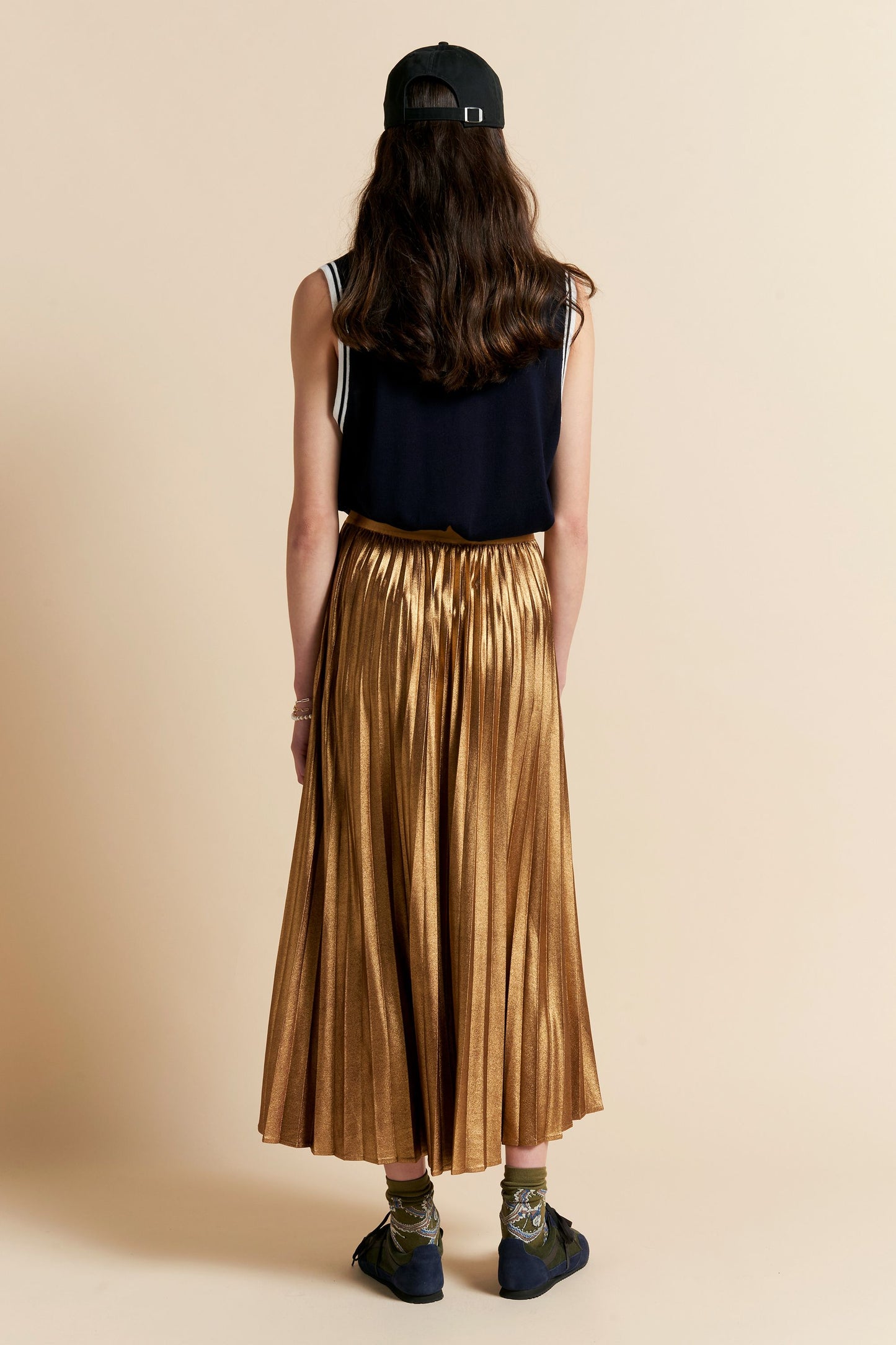 Metallic Sunray Pleated Skirt Golden