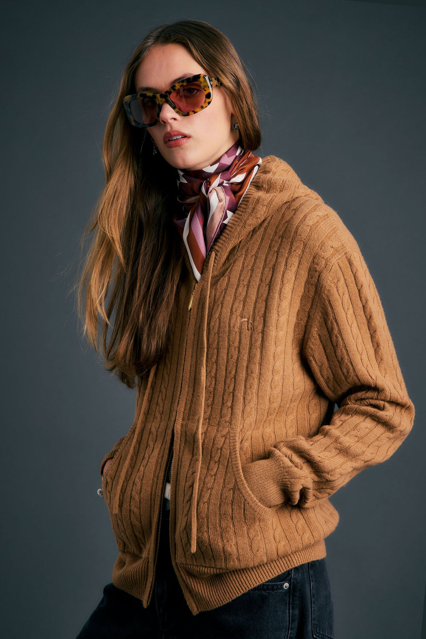 Campus Cable Knit Hoodie Tan
