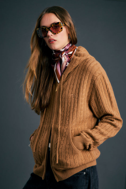 Campus Cable Knit Hoodie Tan
