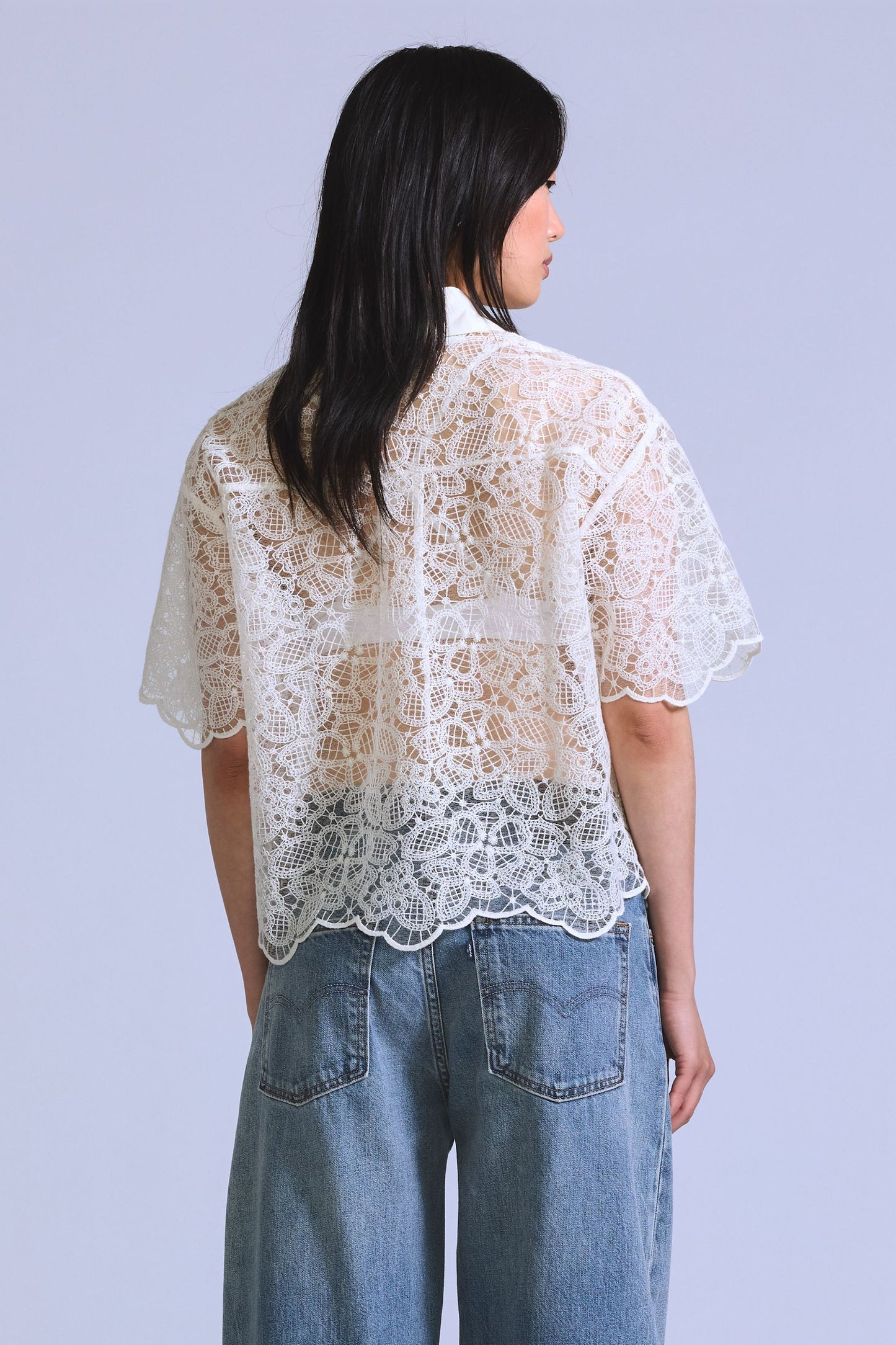 Blue Tab Cropped Short Sleeve Shirt Ecru Lace