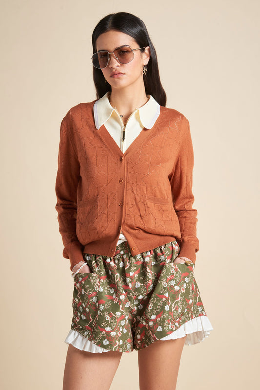 Monogram Pointelle Knit Cardigan Rust