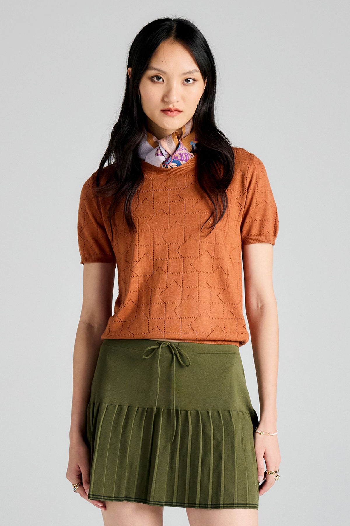 Monogram Pointelle Knit Tee Rust