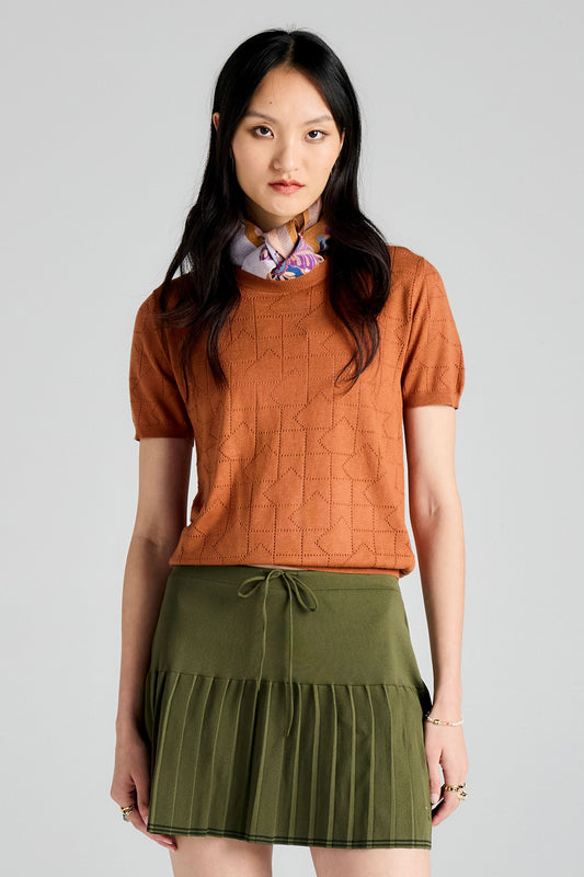 Monogram Pointelle Knit Tee Rust