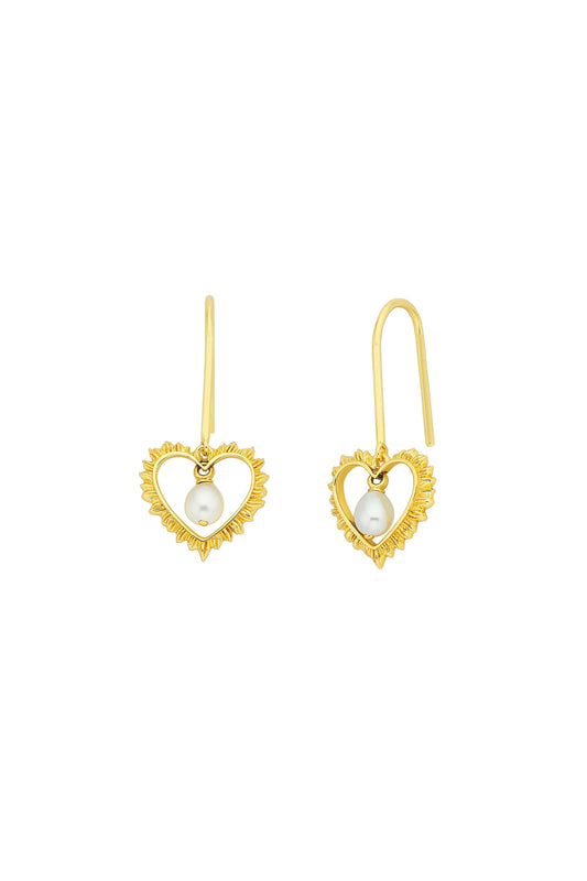 Flaming Heart Earrings with Fresh Water Pearls Gold
