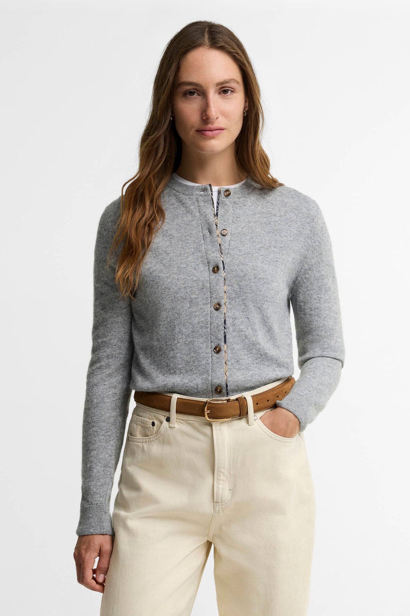 Pendle Knitted Cardigan Grey Marl/Birchwood Tartan