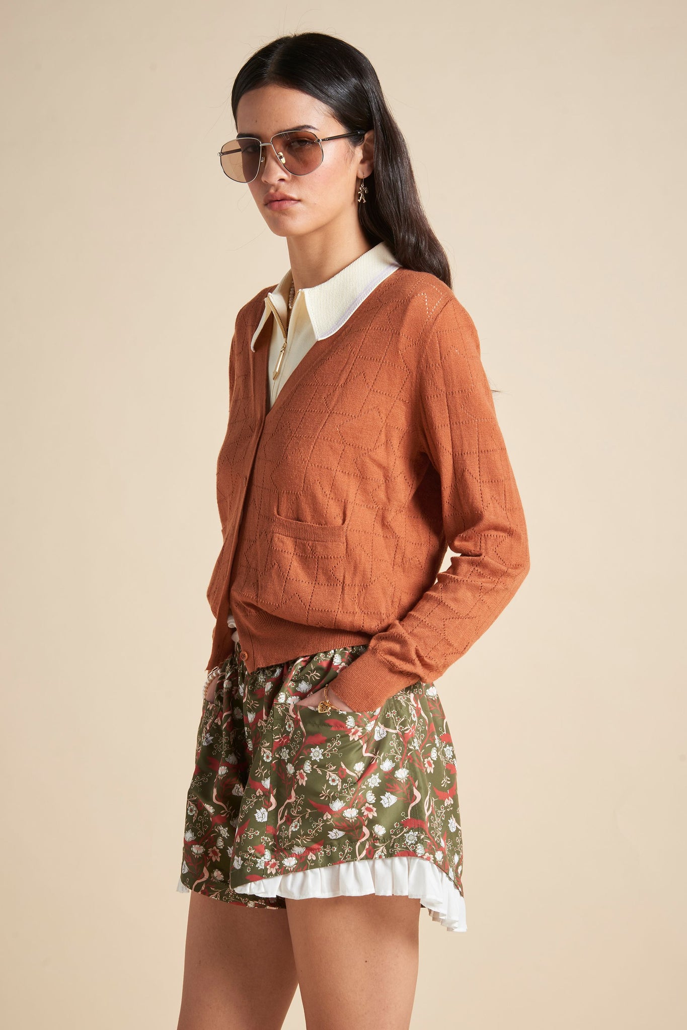 Monogram Pointelle Knit Cardigan Rust