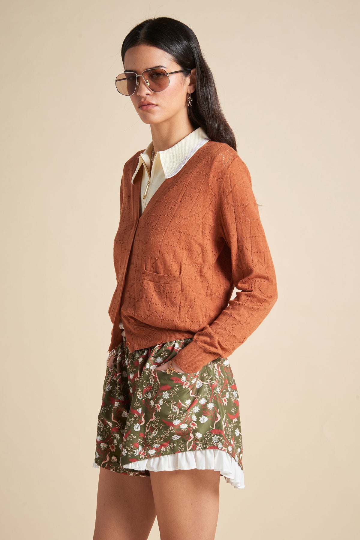 Monogram Pointelle Knit Cardigan Rust