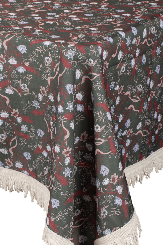 Fringed Tablecloth Whimsy Floral Olive Multi