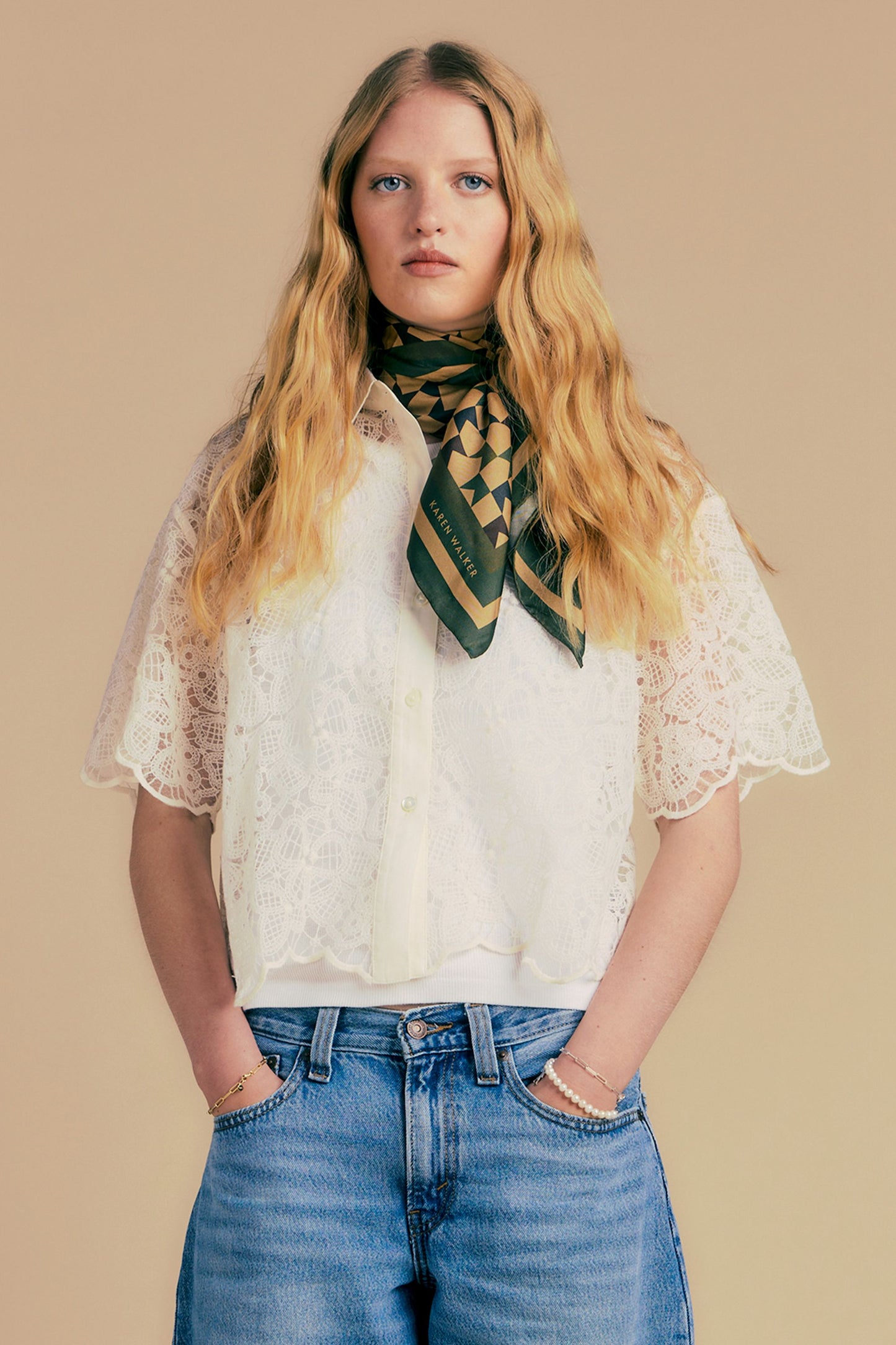 Blue Tab Cropped Short Sleeve Shirt Ecru Lace