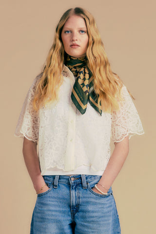 Blue Tab Cropped Short Sleeve Shirt Ecru Lace