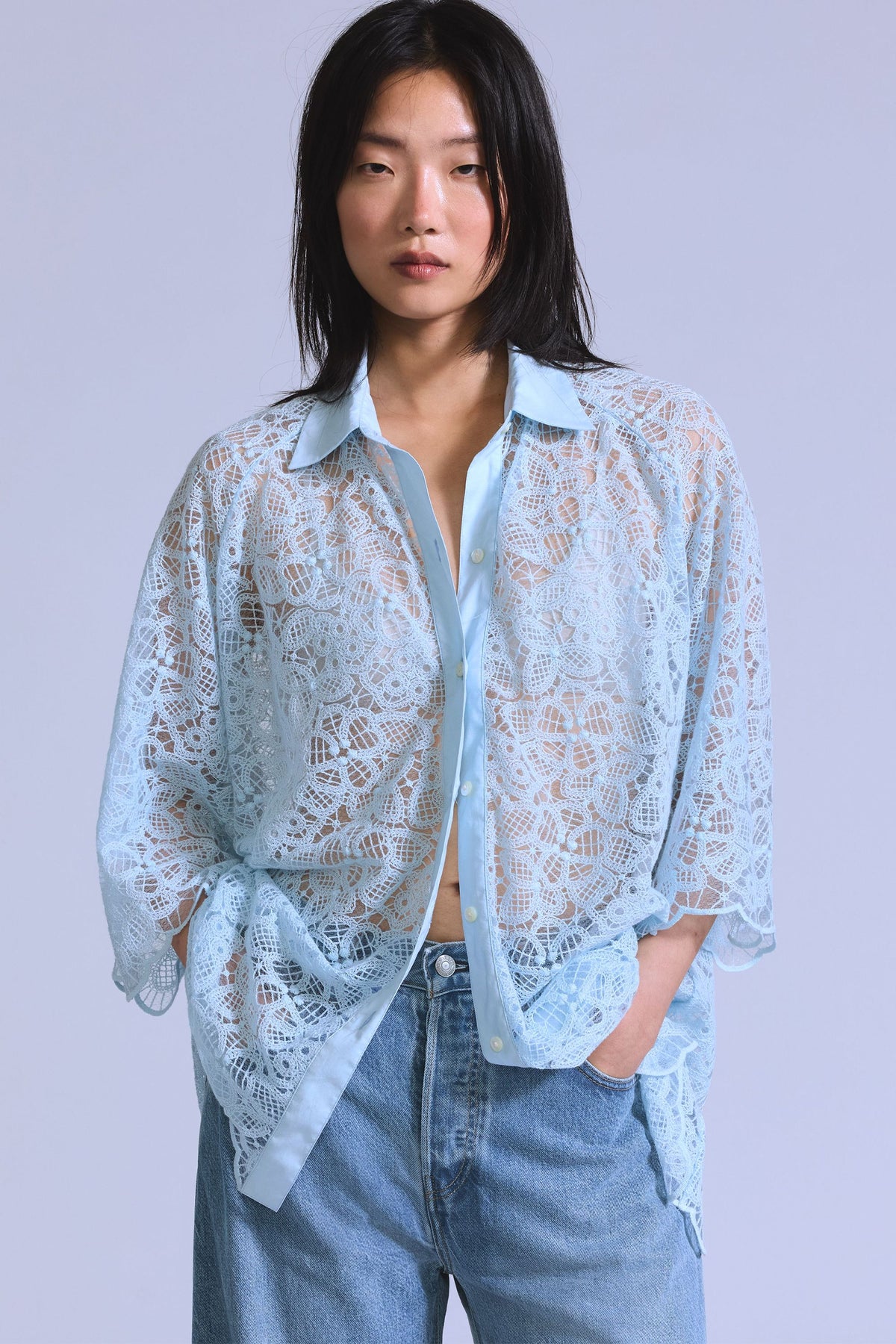 Blue Tab Lace Woven Shirt Ice Water Lace