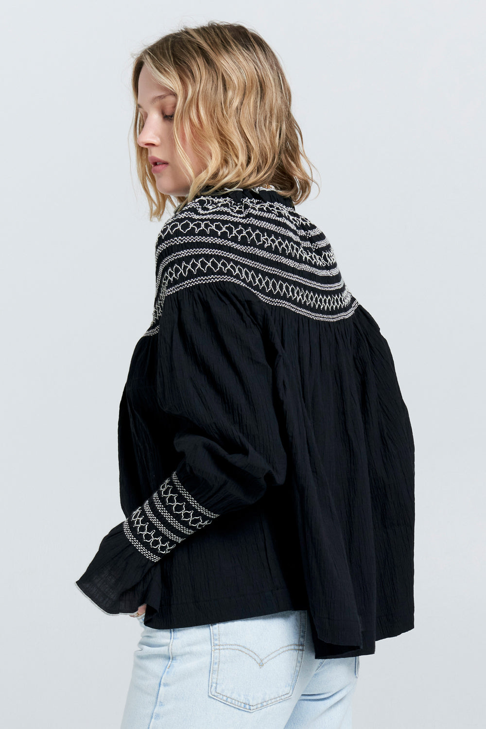 Gaia Long Sleeve Smocked Blouse Black/Off-White Smocking