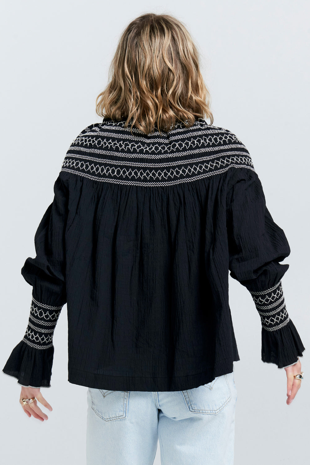 Gaia Long Sleeve Smocked Blouse Black/Off-White Smocking